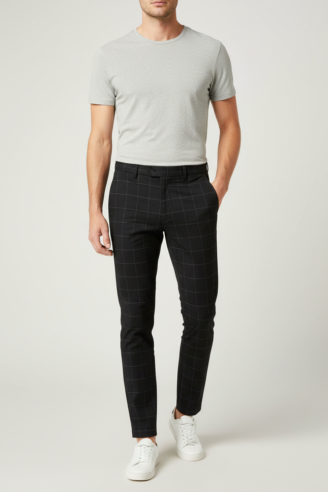 Pantalon Chino Noir Carreaux Slim Homme Tendance - Gabardine