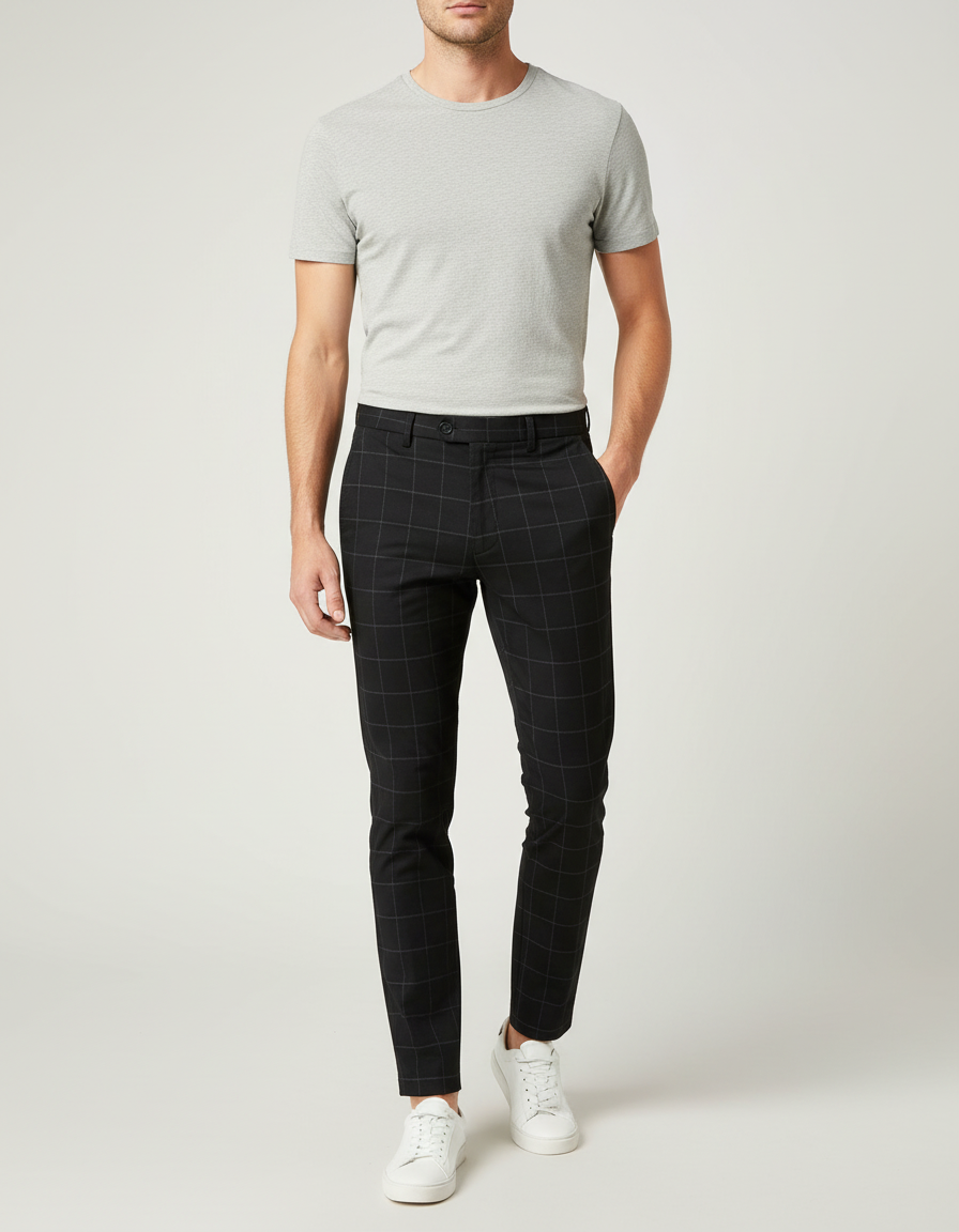 Pantalon Chino Noir Carreaux Slim Homme Tendance - Gabardine
