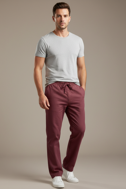 Pantalon Chino Bordeaux Lin Coton Droit Homme Décontracté