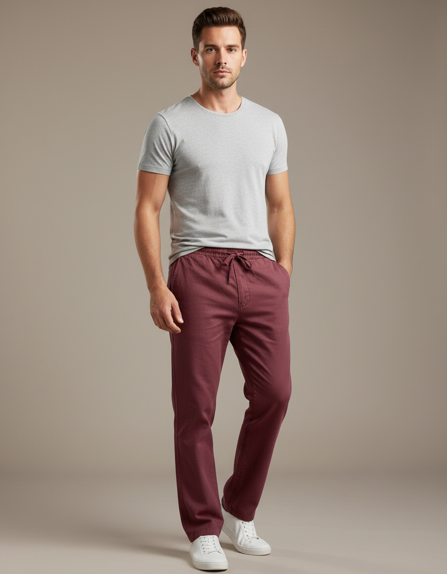 Pantalon Chino Bordeaux Lin Coton Droit Homme Décontracté