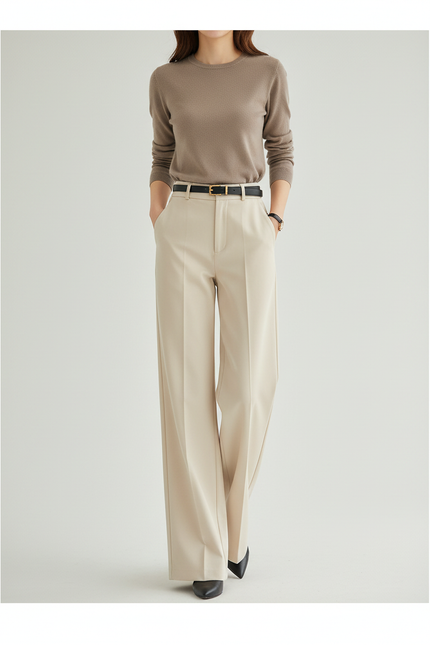 Pantalon Chino Beige Ample Fluide Décontracté Élégant Femme - Gabardine
