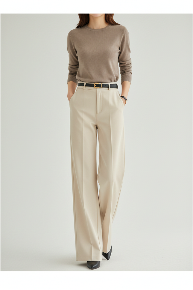 Pantalon Chino Beige Ample Fluide Décontracté Élégant Femme - Gabardine