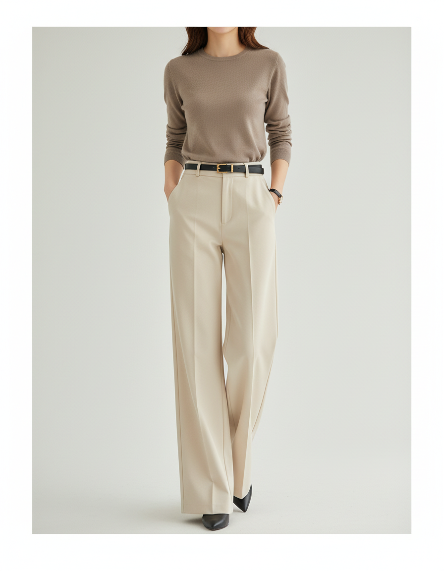 Pantalon Chino Beige Ample Fluide Décontracté Élégant Femme - Gabardine