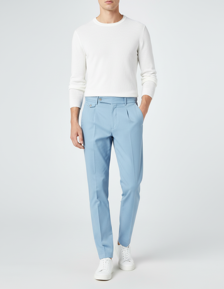 Pantalon Chino Bleu Ciel Plissé Slim Élégant Homme - Gabardine