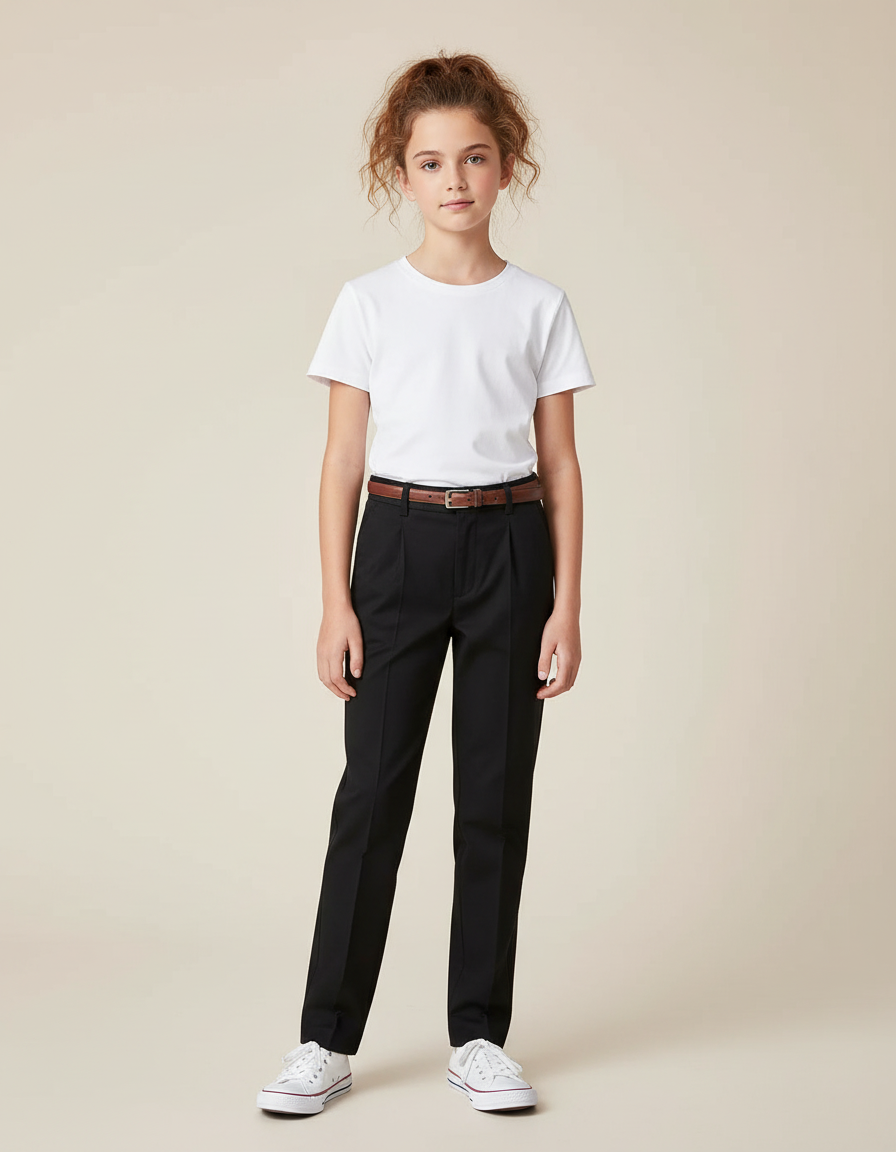 Pantalon Chino Noir Plissé Droit Élégant Enfant - Gabardine