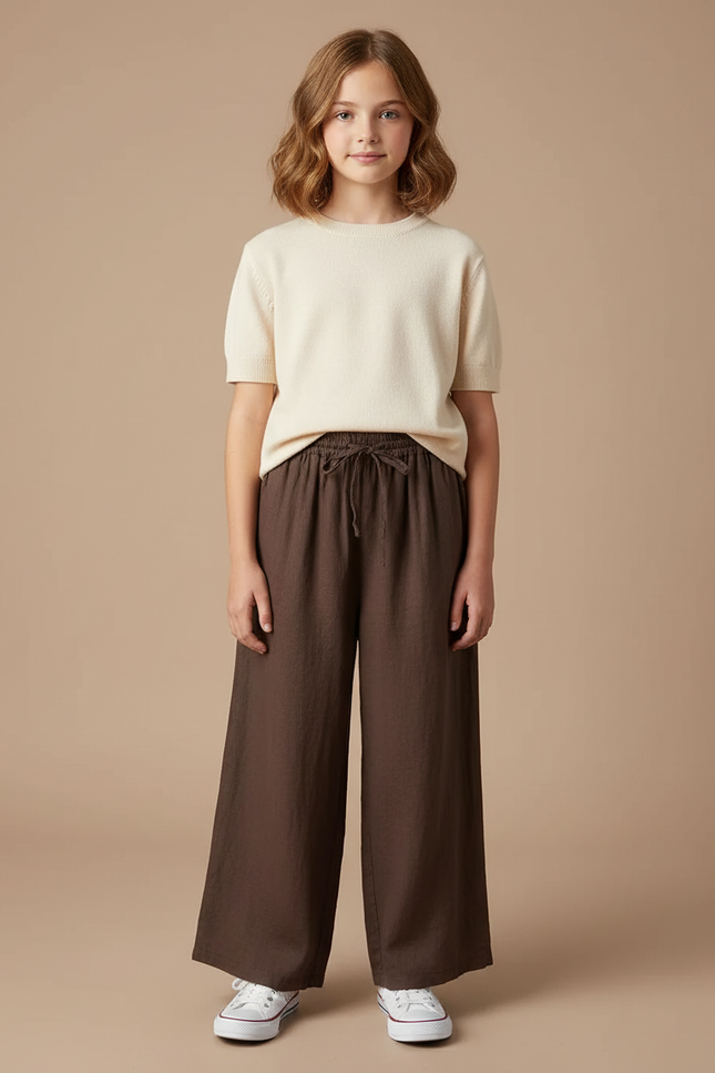 Pantalon Chino Marron Ample Lin Enfant Fille