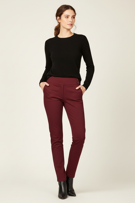 Pantalon Chino Bordeaux Stretch Taille Haute Femme - Gabardine