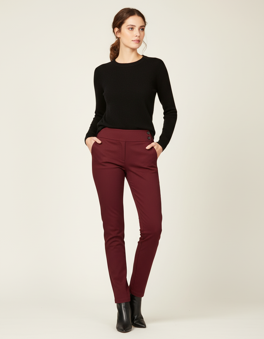 Pantalon Chino Bordeaux Stretch Taille Haute Femme - Gabardine