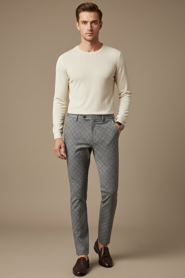 Pantalon Chino Gris Carreaux Slim Habillé Homme - Tweed