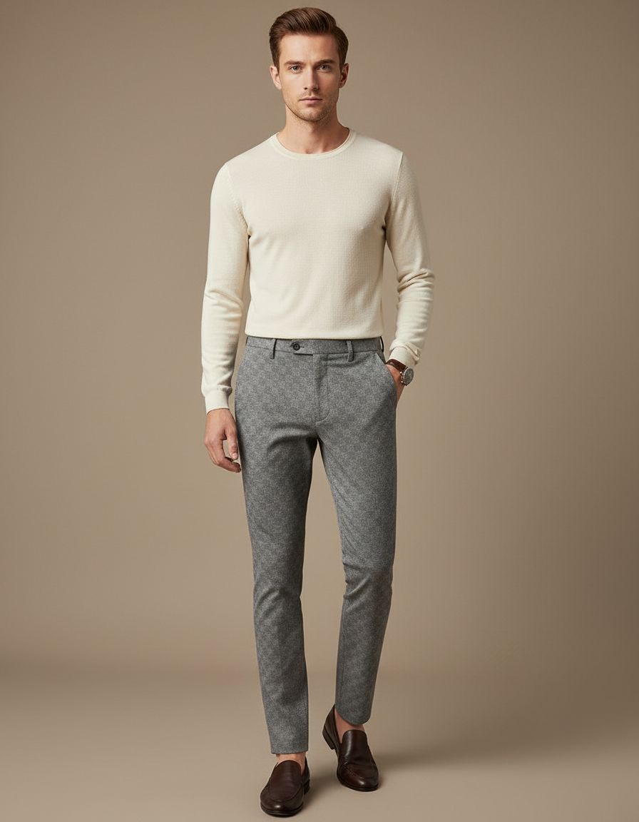 Pantalon Chino Gris Carreaux Slim Habillé Homme - Tweed