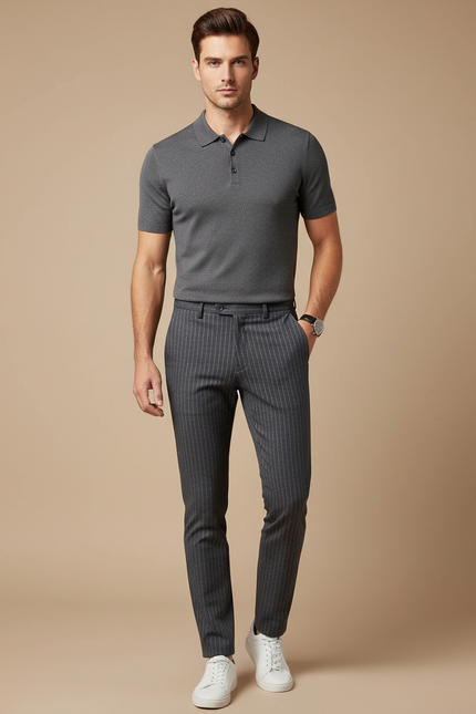Pantalon Chino Gris Slim Rayures Verticales Élégant - Gabardine