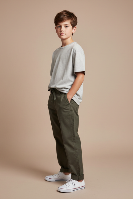 Pantalon Chino Vert Kaki Coton Ample Décontracté Garçon