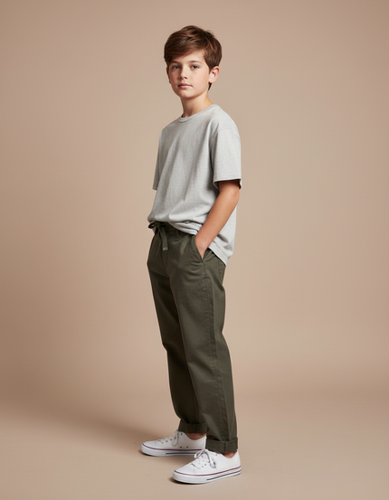 Pantalon Chino Vert Kaki Coton Ample Décontracté Garçon
