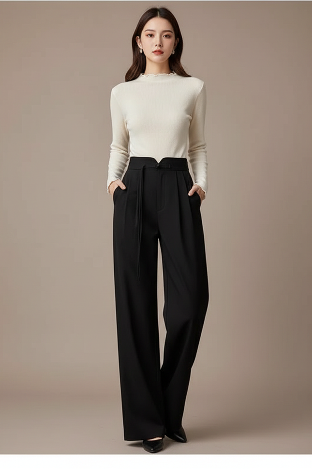 Pantalon Chino Noir Taille Haute Ample Fluide Élégant - Gabardine