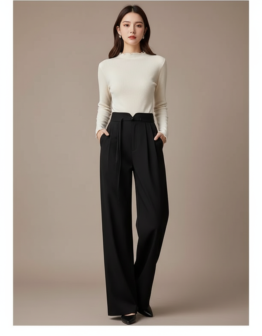 Pantalon Chino Noir Taille Haute Ample Fluide Élégant - Gabardine