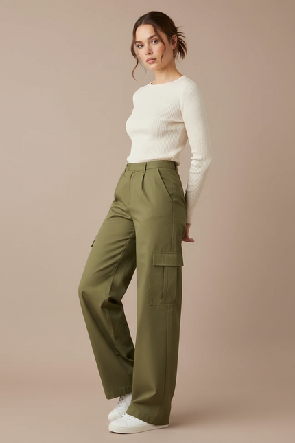 Pantalon Chino Kaki Cargo Ample Décontracté Femme - Gabardine