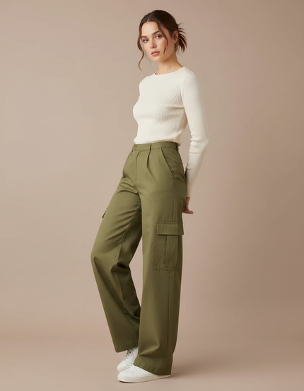 Pantalon Chino Kaki Cargo Ample Décontracté Femme - Gabardine