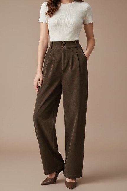 Pantalon Chino Marron Velours Côtelé Droit Ample Femme - Cordé