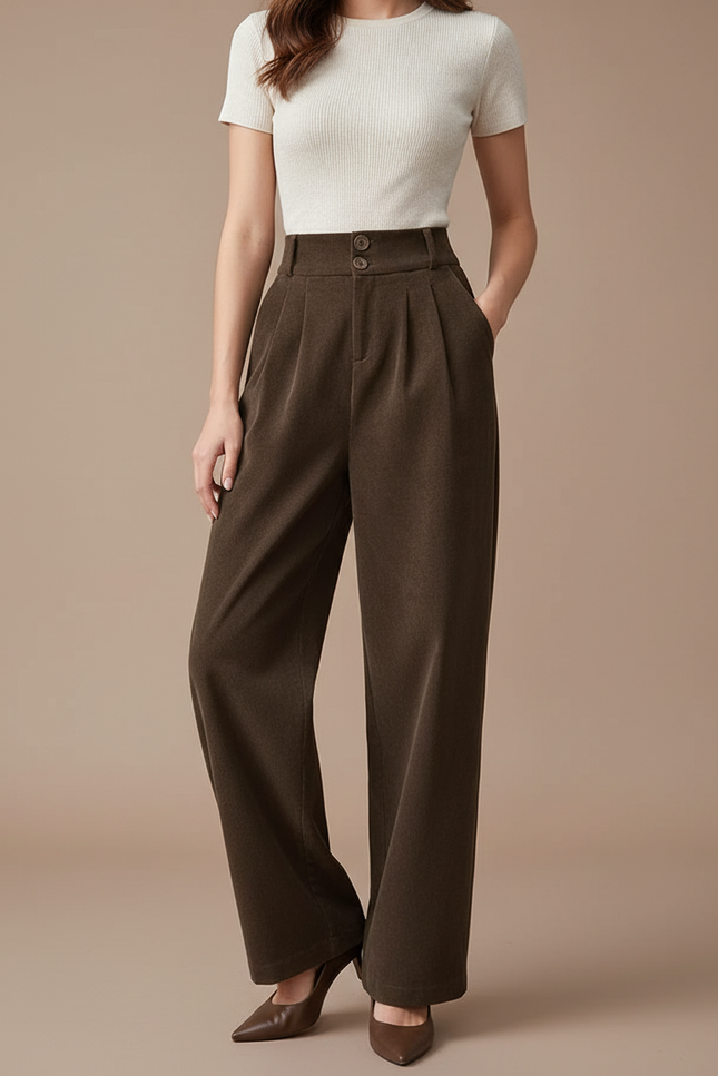 Pantalon Chino Marron Velours Côtelé Droit Ample Femme - Cordé