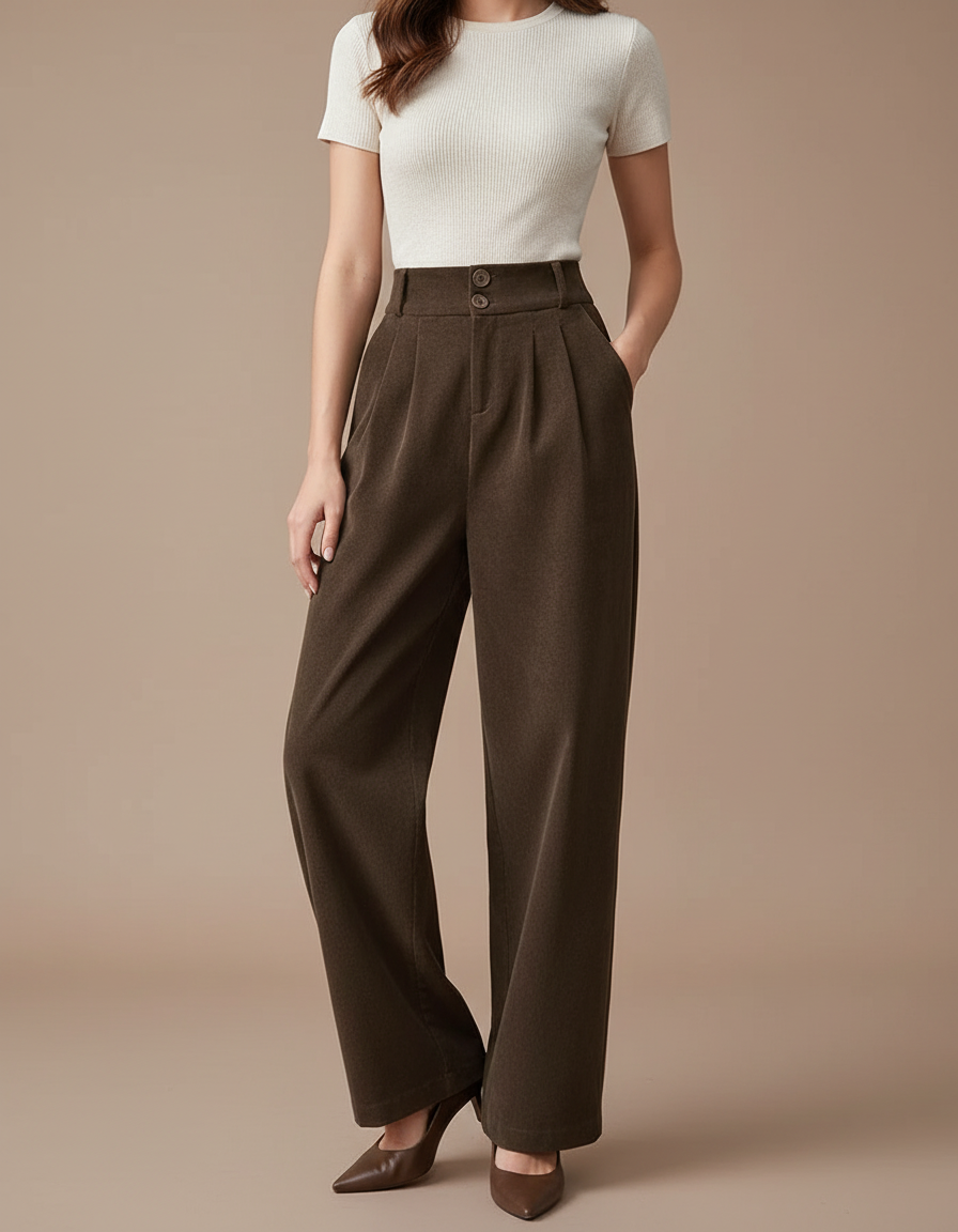 Pantalon Chino Marron Velours Côtelé Droit Ample Femme - Cordé