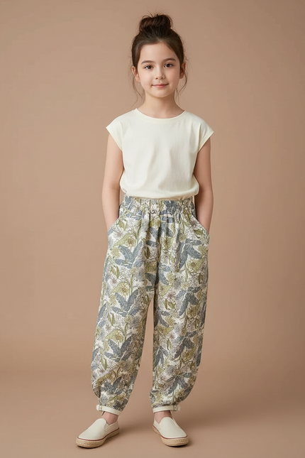Pantalon Chino Fleuri Ample Léger Anti-Moustique Fille - Imprimé Viscose