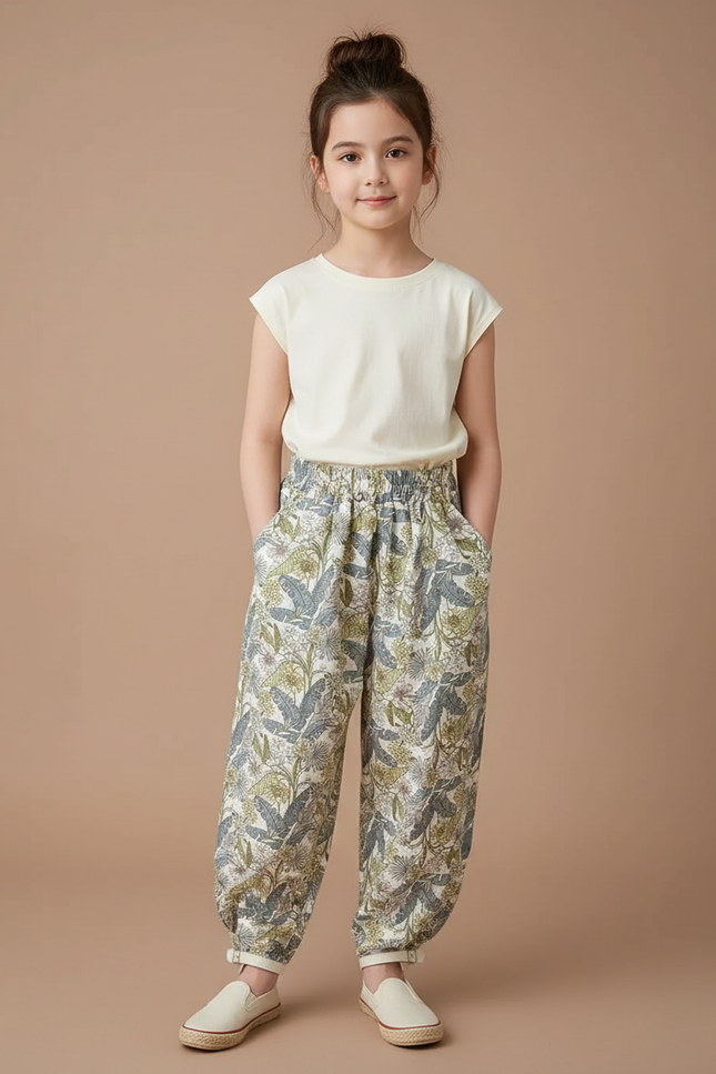 Pantalon Chino Fleuri Ample Léger Anti-Moustique Fille - Imprimé Viscose