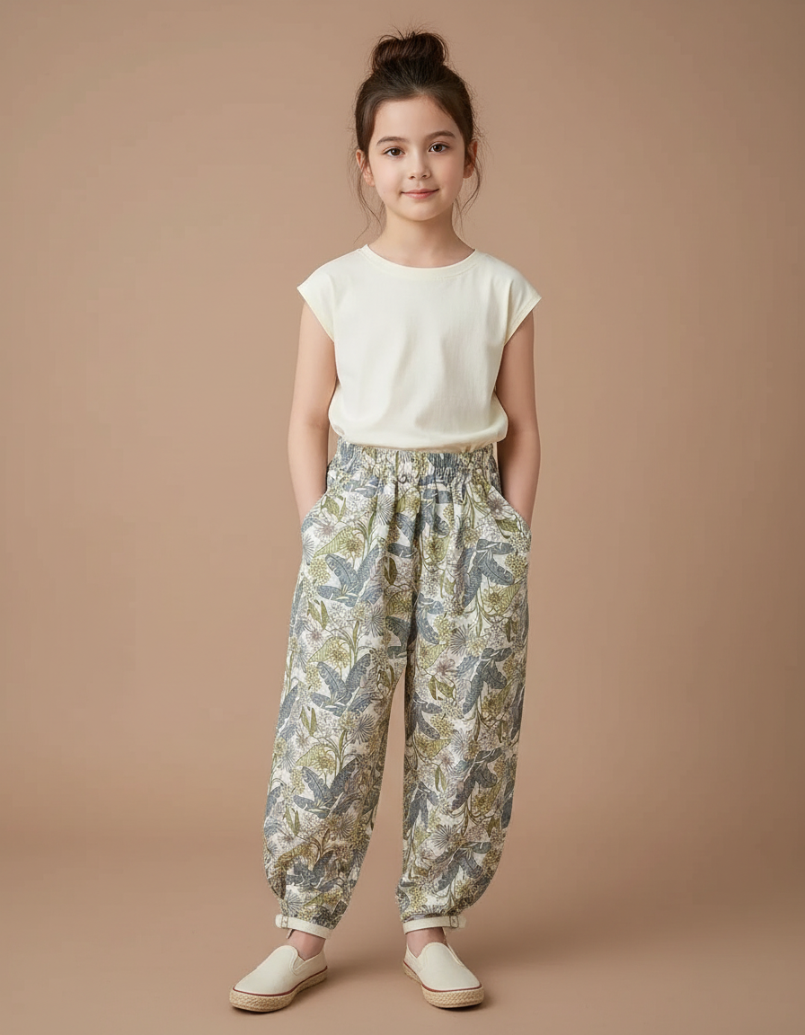 Pantalon Chino Fleuri Ample Léger Anti-Moustique Fille - Imprimé Viscose