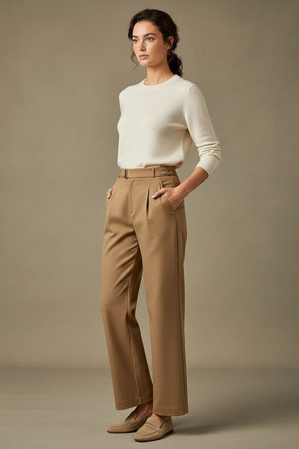 Pantalon Chino Camel Taille Haute Ample Élégant - Gabardine
