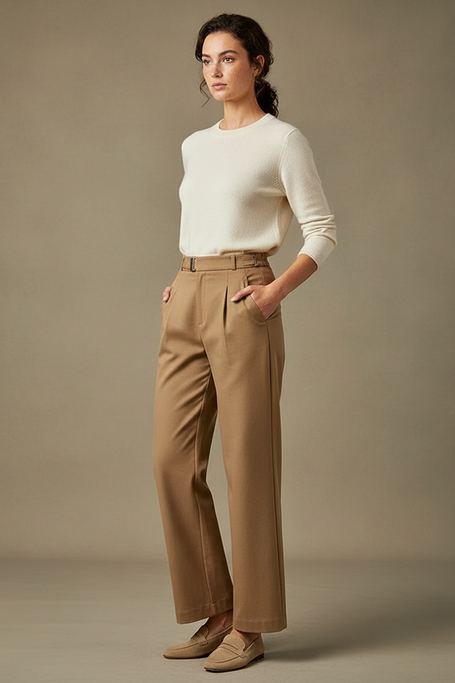 Pantalon Chino Camel Taille Haute Ample Élégant - Gabardine