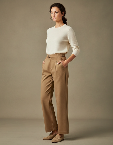 Pantalon Chino Camel Taille Haute Ample Élégant - Gabardine