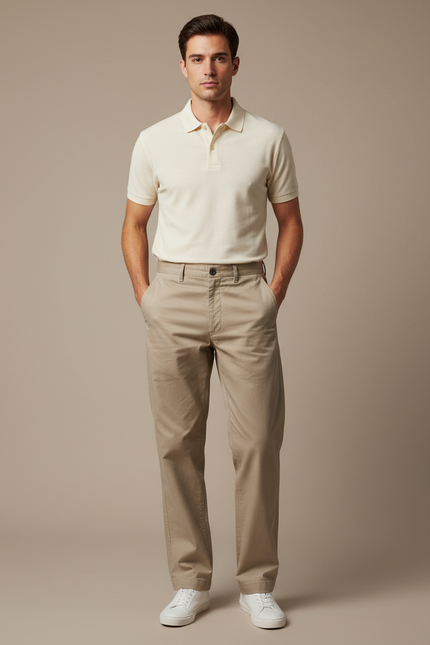Pantalon Chino Kaki Coton Décontracté Coupe Droite Homme