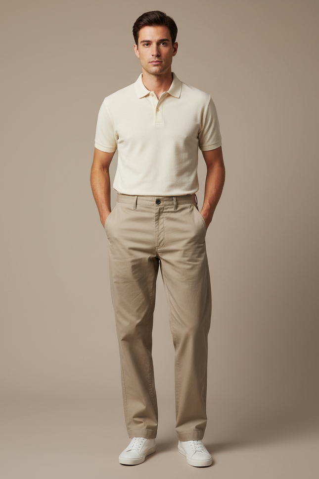 Pantalon Chino Kaki Coton Décontracté Coupe Droite Homme