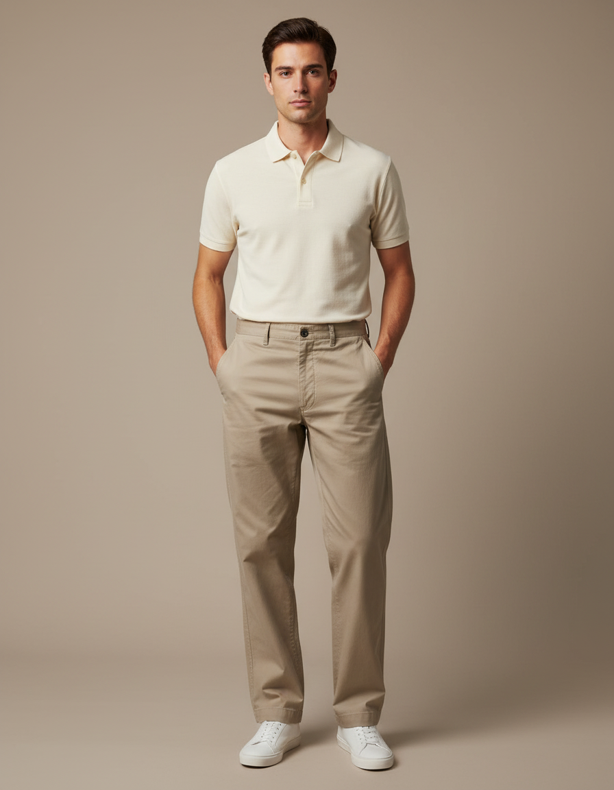 Pantalon Chino Kaki Coton Décontracté Coupe Droite Homme