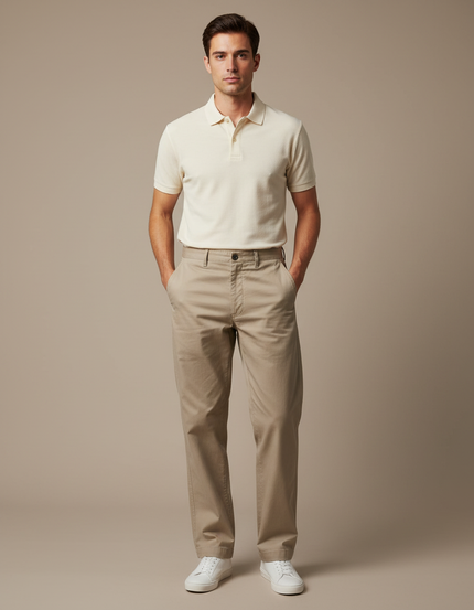 Pantalon Chino Kaki Coton Décontracté Coupe Droite Homme
