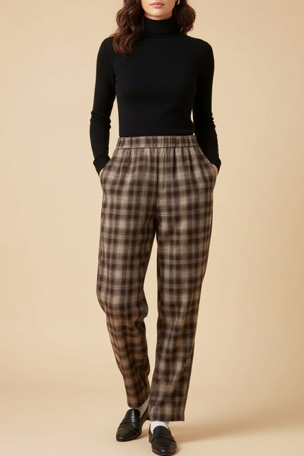 Pantalon Chino Carreaux Marron Ample Confortable Hiver - Tweed