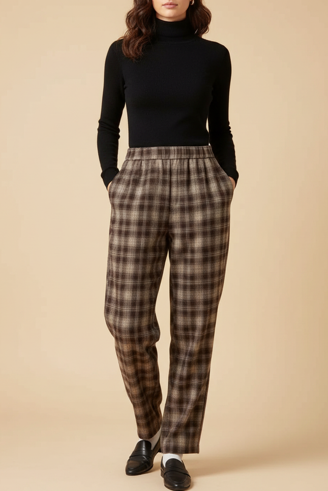 Pantalon Chino Carreaux Marron Ample Confortable Hiver - Tweed