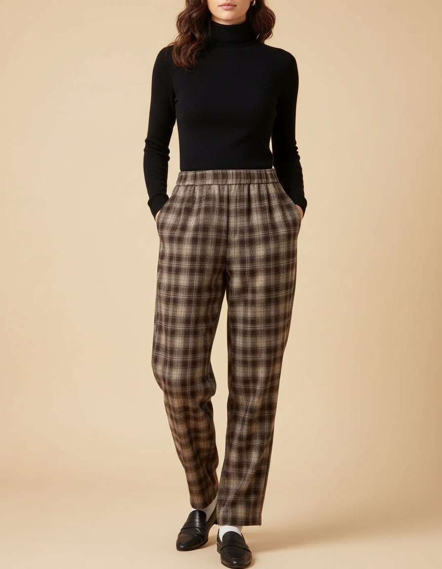 Pantalon Chino Carreaux Marron Ample Confortable Hiver - Tweed