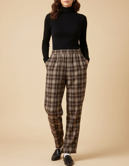 Pantalon Chino Carreaux Marron Ample Confortable Hiver - Tweed