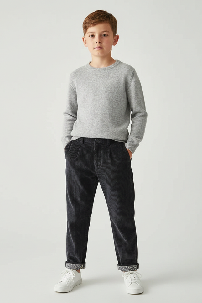 Pantalon Chino Côtelé Noir Ample Décontracté Enfant - Cordé
