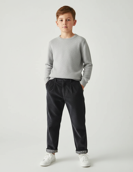Pantalon Chino Côtelé Noir Ample Décontracté Enfant - Cordé