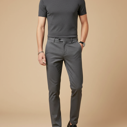 Pantalon Chino Gris Slim Élégant Habillé Micro-Motif - Polyester