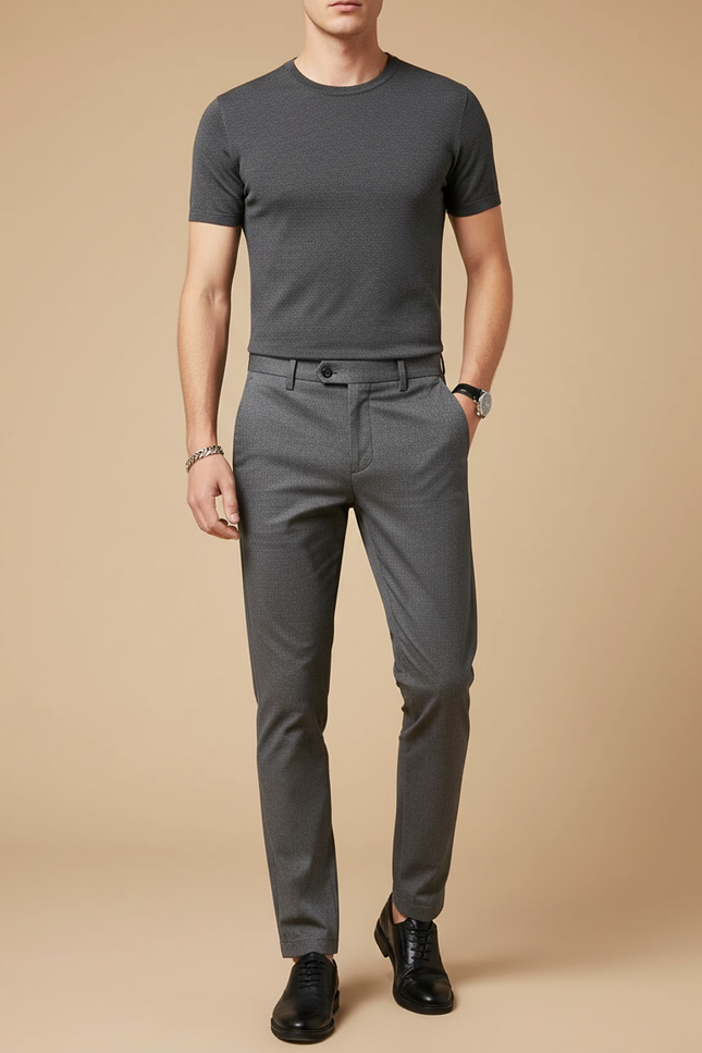 Pantalon Chino Gris Slim Élégant Habillé Micro-Motif - Polyester