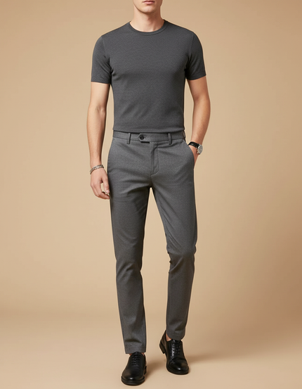 Pantalon Chino Gris Slim Élégant Habillé Micro-Motif - Polyester