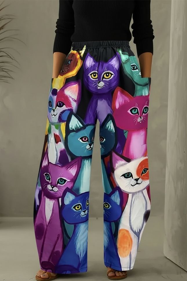 Pantalon Chino Large Imprimé Chats Coloré Décontracté - Multicolore Polyester