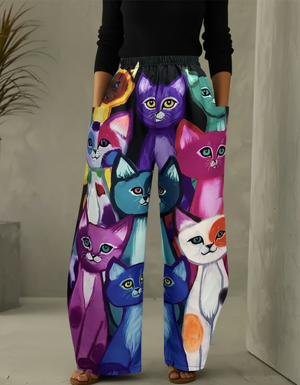 Pantalon Chino Large Imprimé Chats Coloré Décontracté - Multicolore Polyester