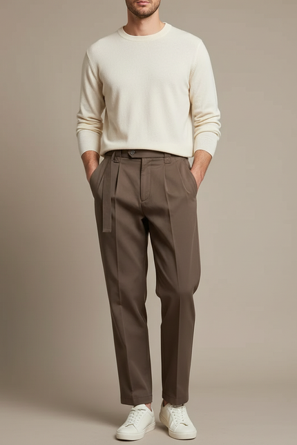 Pantalon Chino Marron Droit Plissé Élégant Homme - Gabardine