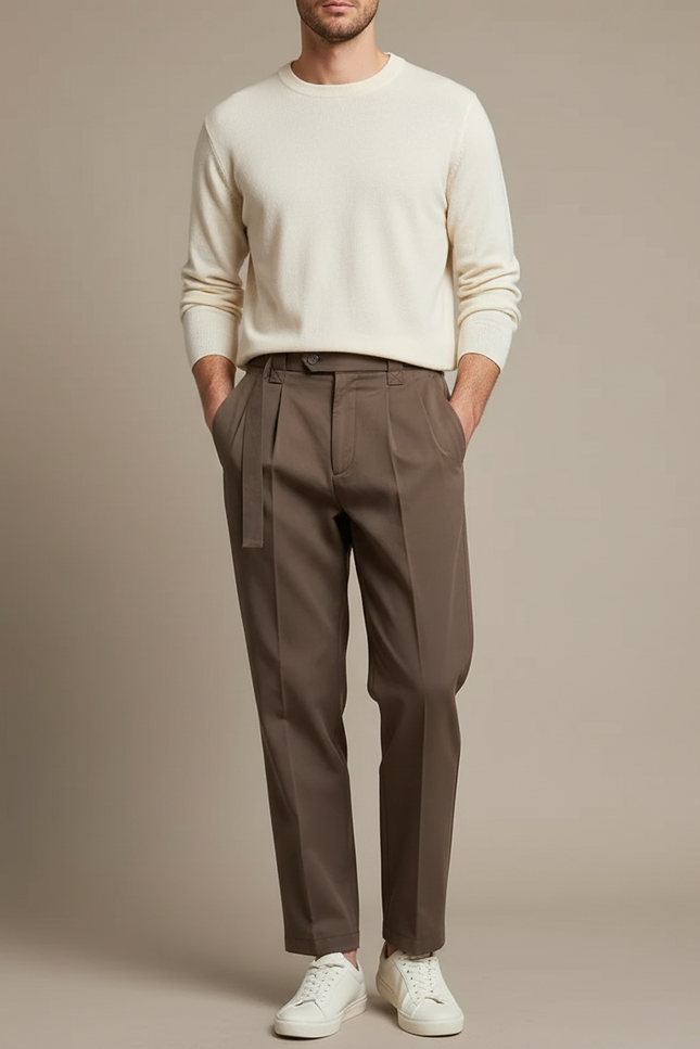 Pantalon Chino Marron Droit Plissé Élégant Homme - Gabardine
