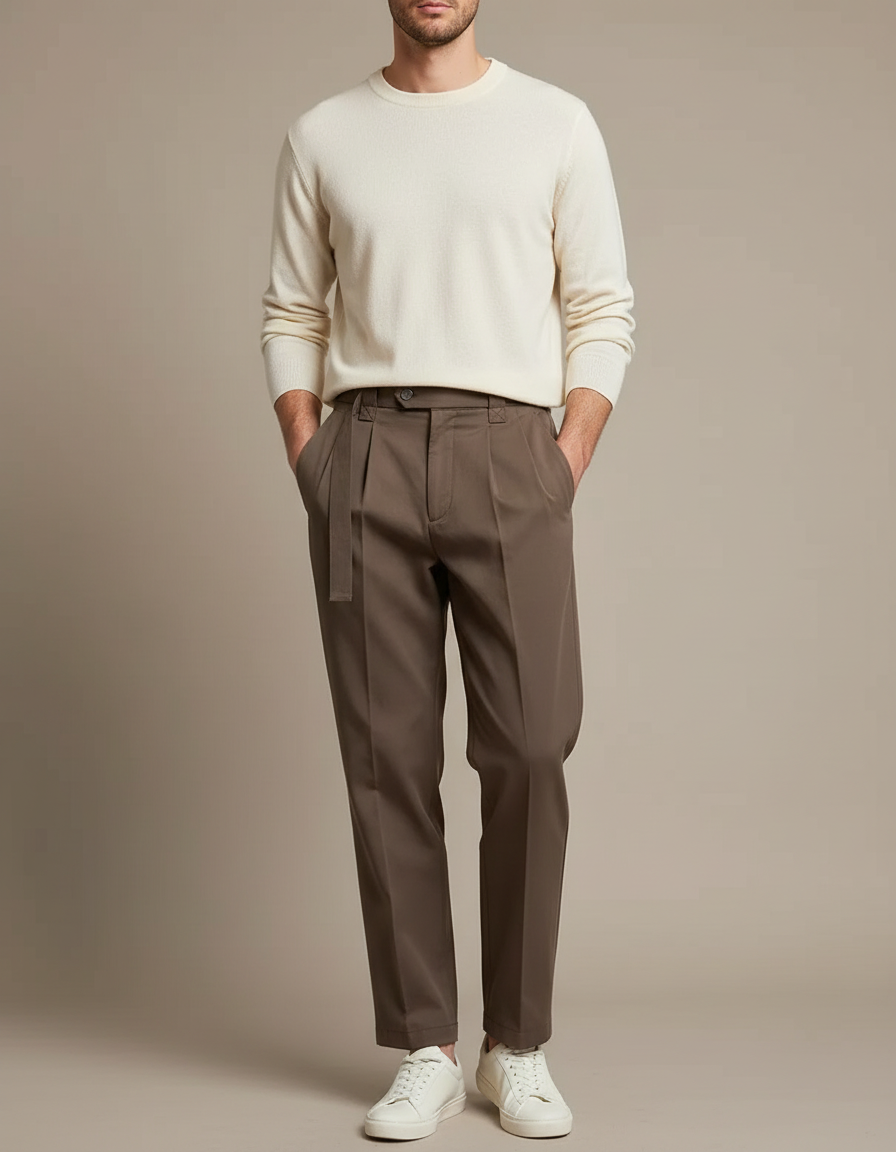Pantalon Chino Marron Droit Plissé Élégant Homme - Gabardine