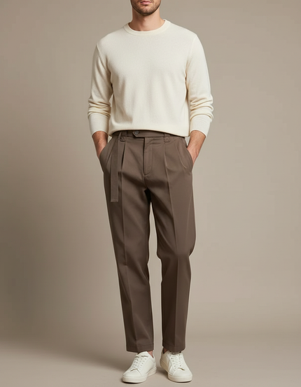 Pantalon Chino Marron Droit Plissé Élégant Homme - Gabardine