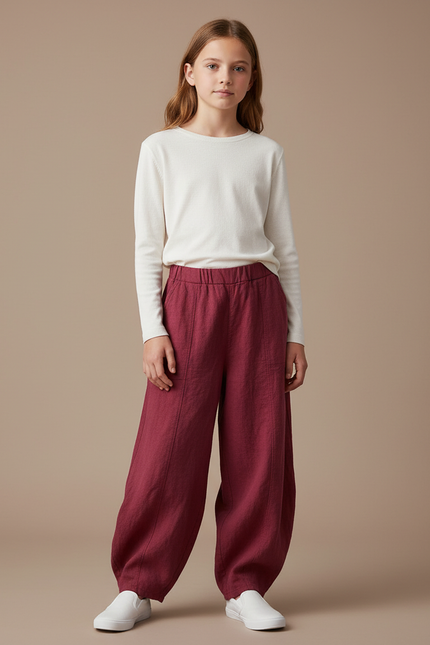 Pantalon Chino Bordeaux Ample Lin Femme Élégant